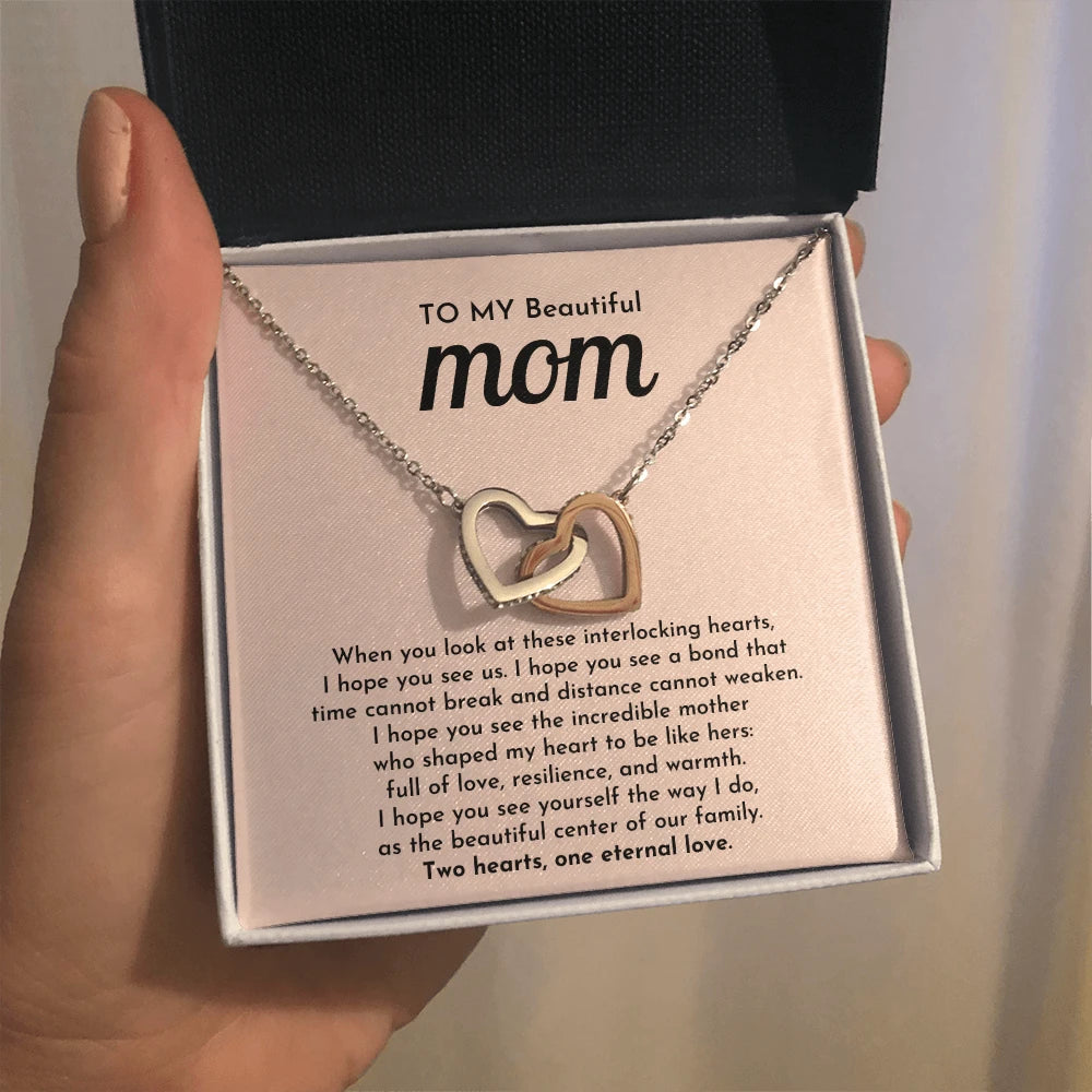 To My Mom 14K White Gold Interlocking Hearts Necklace From Children One Eternal Love Message Card Jewelry Standard Box