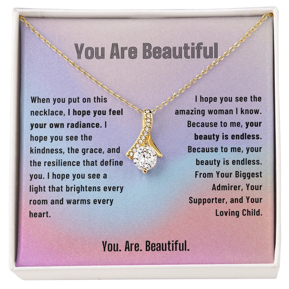 To My Mom 18K Yellow Gold Alluring Beauty Necklace From Children You Are Beautiful Message Card Jewelry