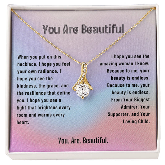 To My Mom 18K Yellow Gold Alluring Beauty Necklace From Children You Are Beautiful Message Card Jewelry
