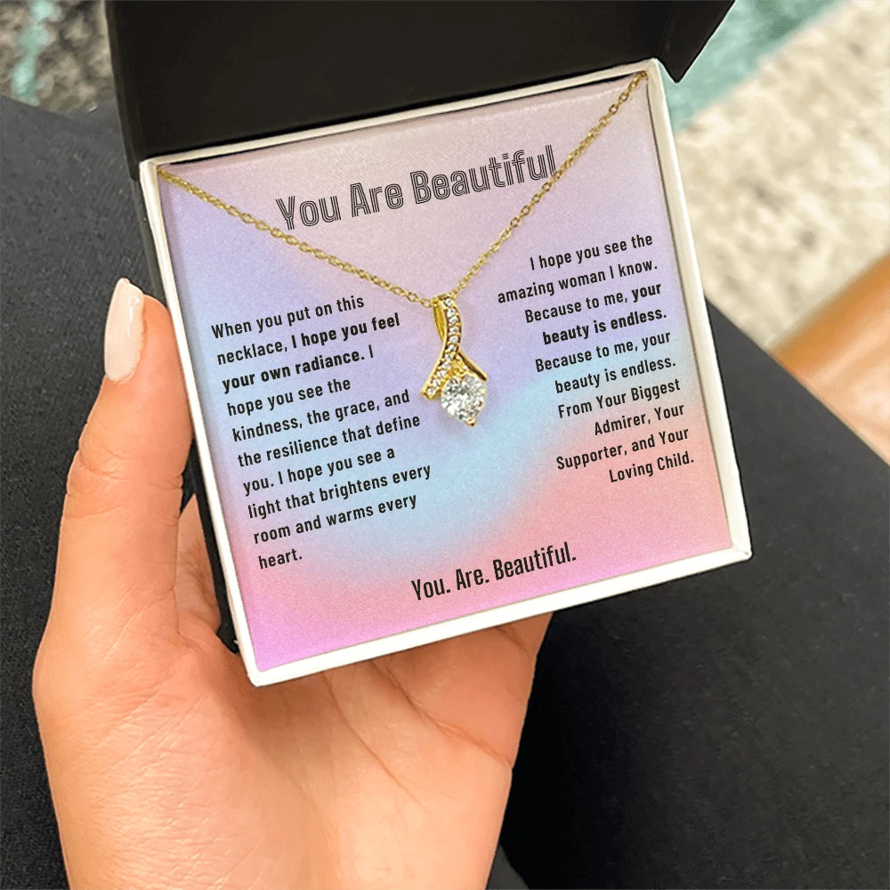 To My Mom 18K Yellow Gold Alluring Beauty Necklace From Children You Are Beautiful Message Card Jewelry Standard Box