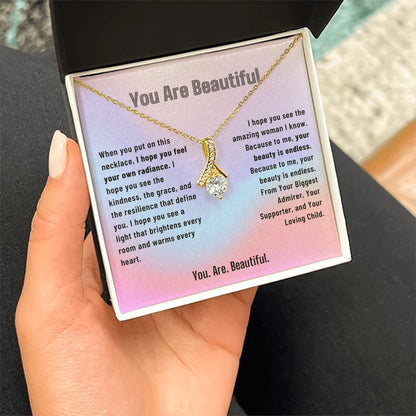 To My Mom 18K Yellow Gold Alluring Beauty Necklace From Children You Are Beautiful Message Card Jewelry Standard Box
