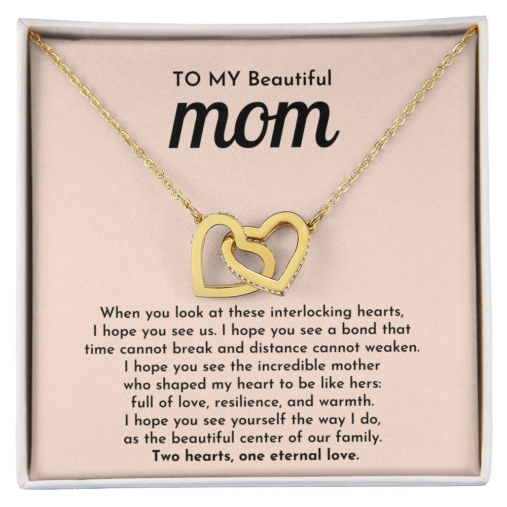 To My Mom 18K Yellow Gold Interlocking Hearts Necklace From Children One Eternal Love Message Card Jewelry