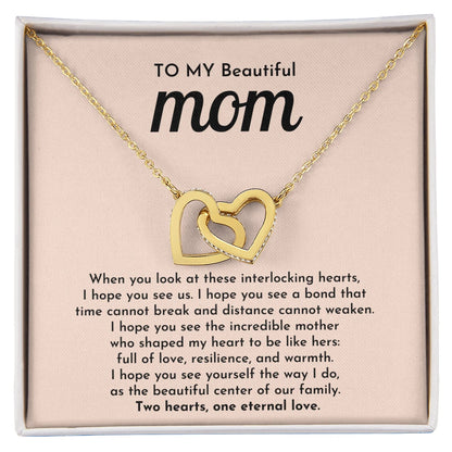 To My Mom 18K Yellow Gold Interlocking Hearts Necklace From Children One Eternal Love Message Card Jewelry