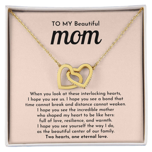 To My Mom 18K Yellow Gold Interlocking Hearts Necklace From Children One Eternal Love Message Card Jewelry