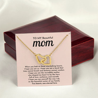 To My Mom 18K Yellow Gold Interlocking Hearts Necklace From Children One Eternal Love Message Card Jewelry Luxury Box
