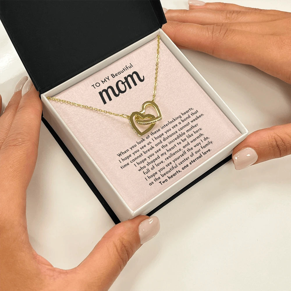 To My Mom 18K Yellow Gold Interlocking Hearts Necklace From Children One Eternal Love Message Card Jewelry Standard Box