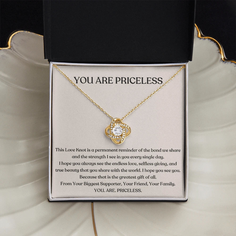 To My Mom 18K Yellow Gold Love Knot Necklace From Children You Are Priceless Message Card Jewelry Standard Box