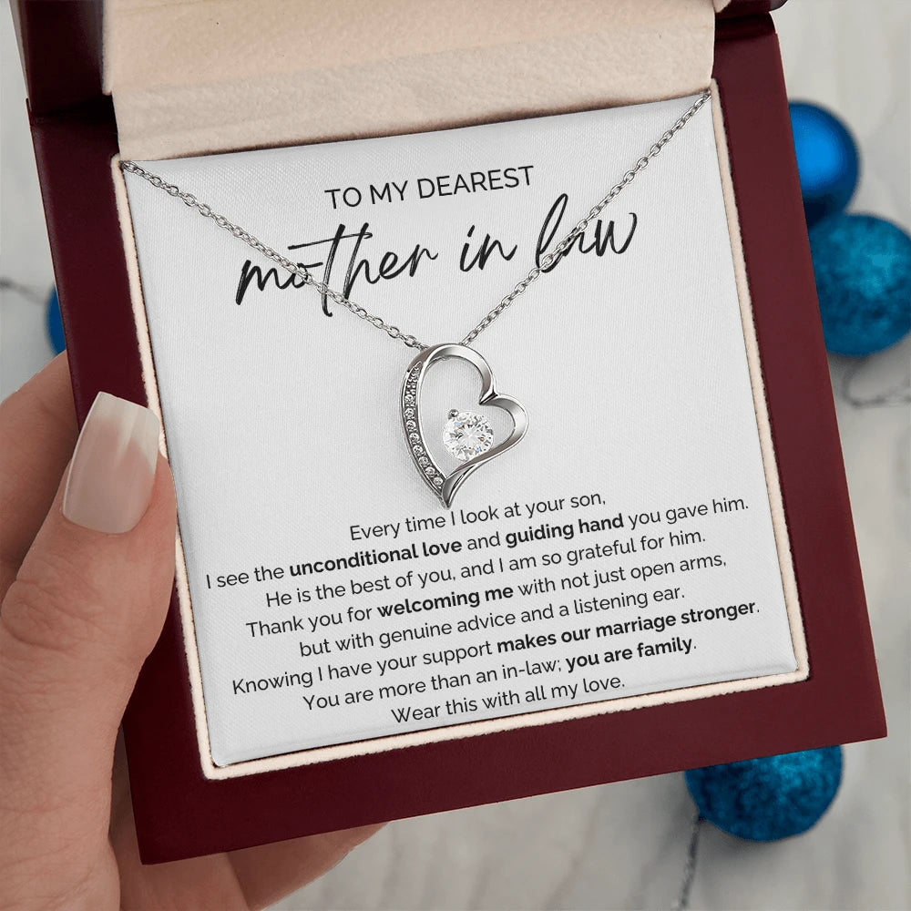 To My Mother-in-law 14K White Gold Forever Love Necklace From Bride or Daughter-in-law You Are Family Message Card Luxury Box