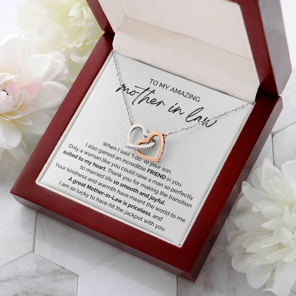 To My Mother-in-law 14K White Gold Interlocking Hearts Necklace From Bride or Daughter-in-law Priceless Message Card Luxury Box