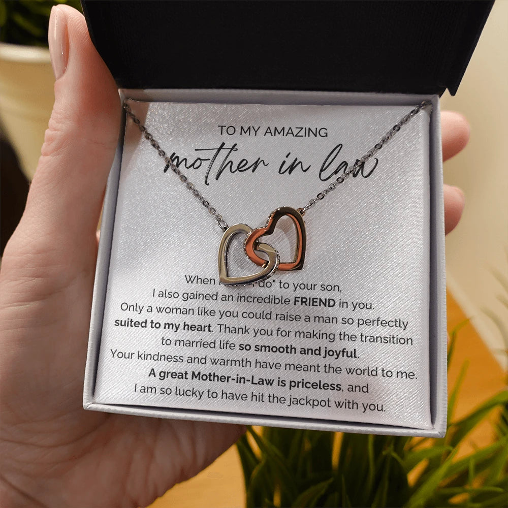 To My Mother-in-law 14K White Gold Interlocking Hearts Necklace From Bride or Daughter-in-law Priceless Message Card Standard Box