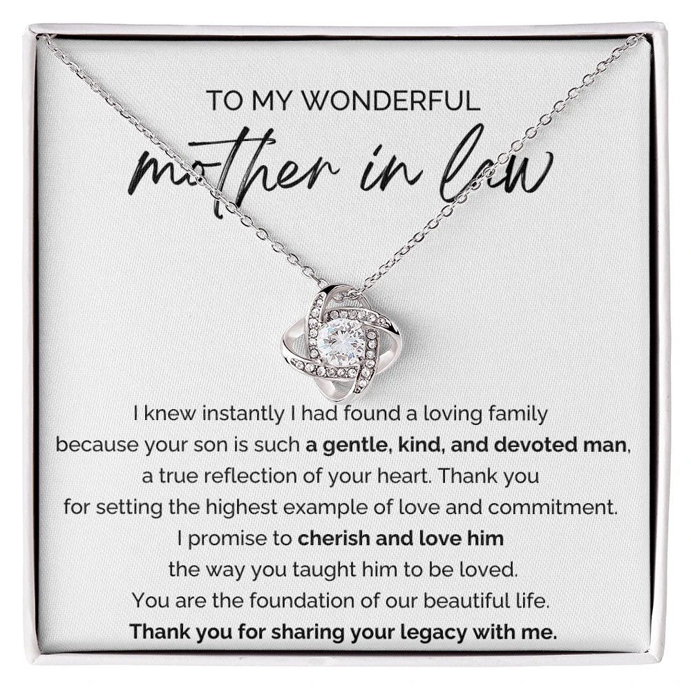 To My Mother-in-law 14K White Gold Love Knot Necklace From Bride or Daughter-in-law A Loving Family Message Card
