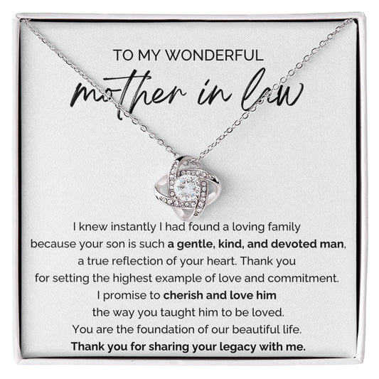To My Mother-in-law 14K White Gold Love Knot Necklace From Bride or Daughter-in-law A Loving Family Message Card