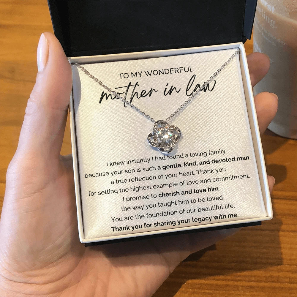 To My Mother-in-law 14K White Gold Love Knot Necklace From Bride or Daughter-in-law A Loving Family Message Card Standard Box