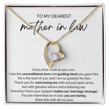 To My Mother-in-law 18K Yellow Gold Forever Love Necklace From Bride or Daughter-in-law You Are Family Message Card
