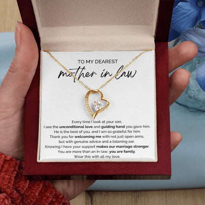 To My Mother-in-law 18K Yellow Gold Forever Love Necklace From Bride or Daughter-in-law You Are Family Message Card Luxury Box