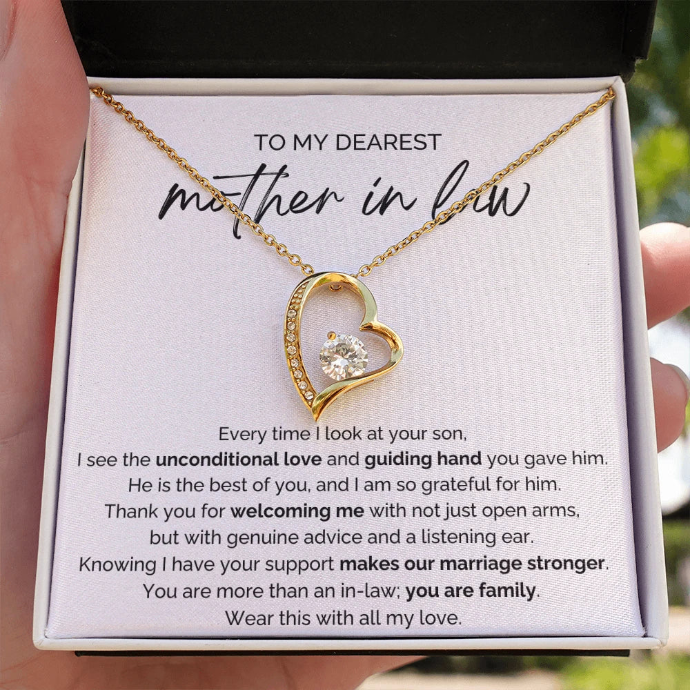 To My Mother-in-law 18K Yellow Gold Forever Love Necklace From Bride or Daughter-in-law You Are Family Message Card Standard Box