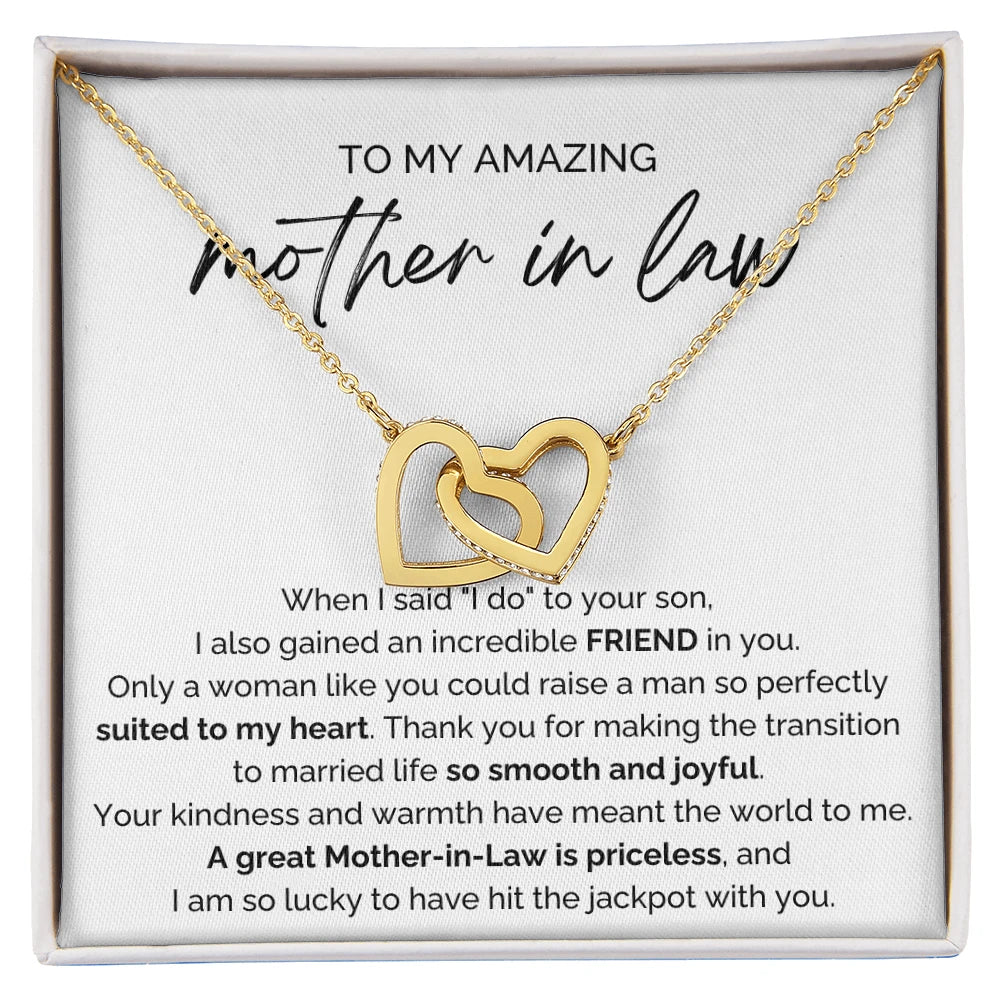 To My Mother-in-law 18K Yellow Gold Interlocking Hearts Necklace From Bride or Daughter-in-law Priceless Message Card