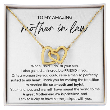 To My Mother-in-law 18K Yellow Gold Interlocking Hearts Necklace From Bride or Daughter-in-law Priceless Message Card