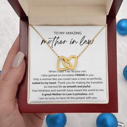 To My Mother-in-law 18K Yellow Gold Interlocking Hearts Necklace From Bride or Daughter-in-law Priceless Message Card Luxury Box