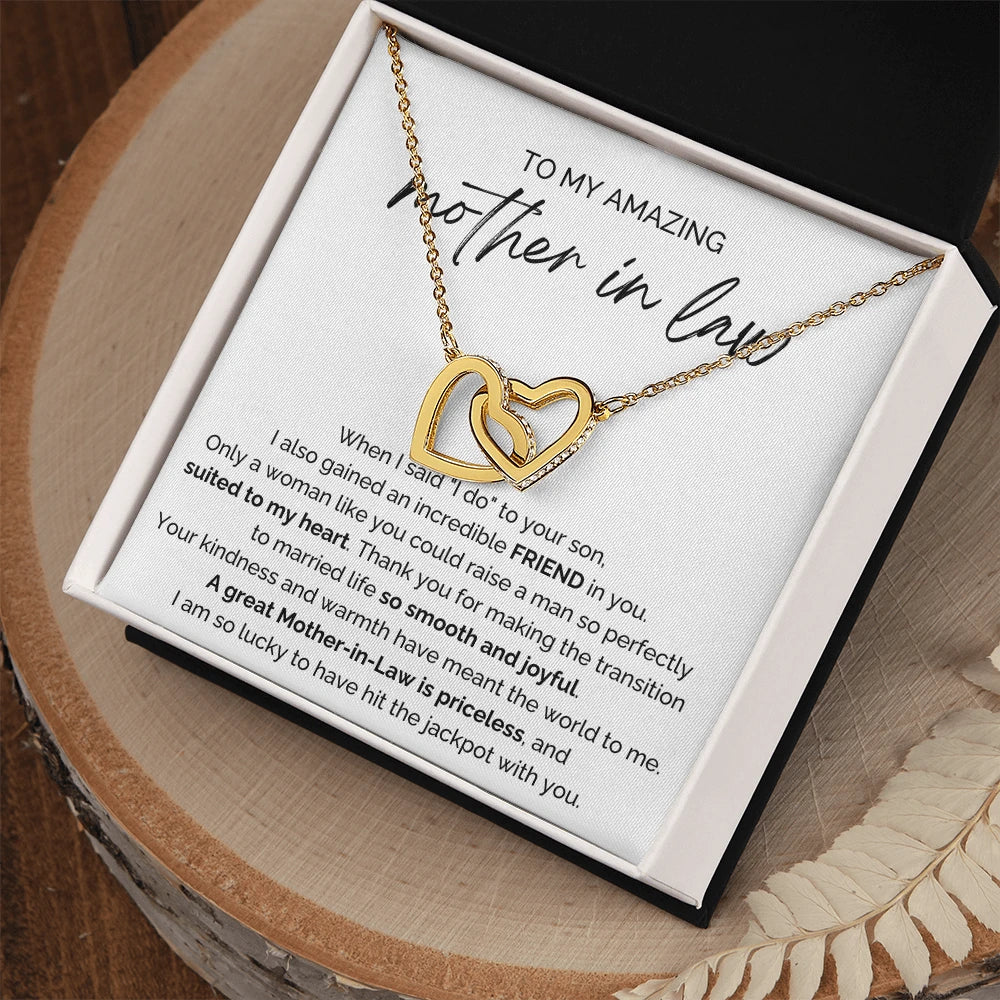 To My Mother-in-law 18K Yellow Gold Interlocking Hearts Necklace From Bride or Daughter-in-law Priceless Message Card Standard Box