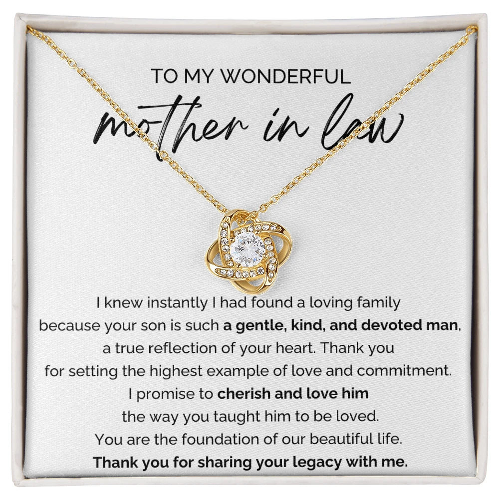 To My Mother-in-law 18K Yellow Gold Love Knot Necklace From Bride or Daughter-in-law A Loving Family Message Card
