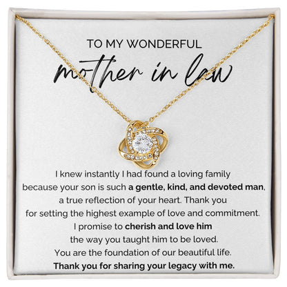 To My Mother-in-law 18K Yellow Gold Love Knot Necklace From Bride or Daughter-in-law A Loving Family Message Card
