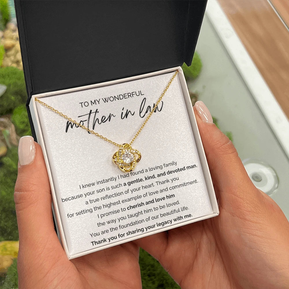 To My Mother-in-law 18K Yellow Gold Love Knot Necklace From Bride or Daughter-in-law A Loving Family Message Card Standard Box