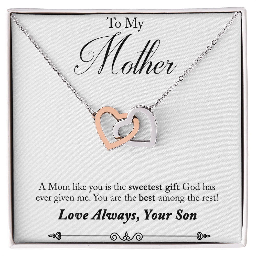 To My Mother Interlocking Hearts Necklace From Son 14K White Gold Message Card
