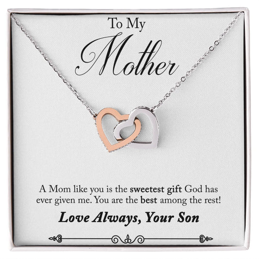 To My Mother Interlocking Hearts Necklace From Son 14K White Gold Message Card