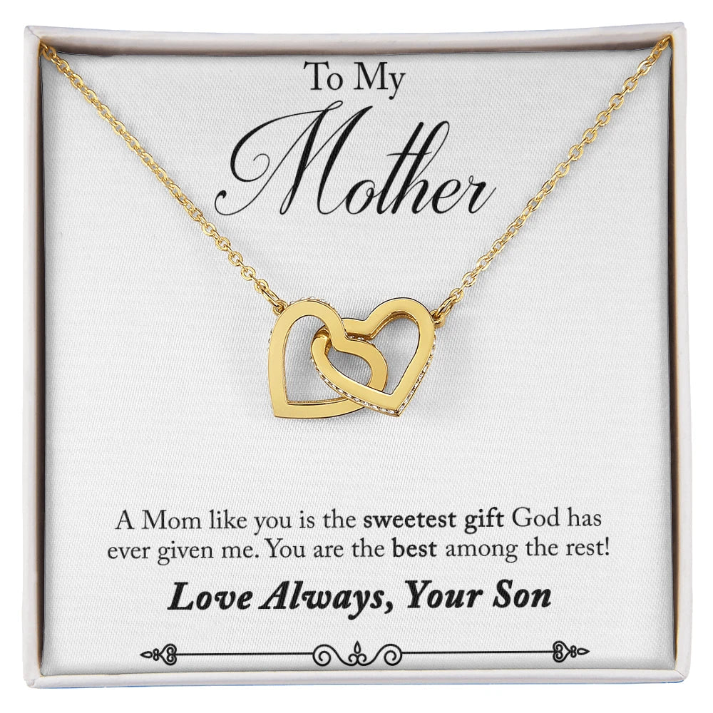 To My Mother Interlocking Hearts Necklace From Son 18K Yellow Gold Message Card