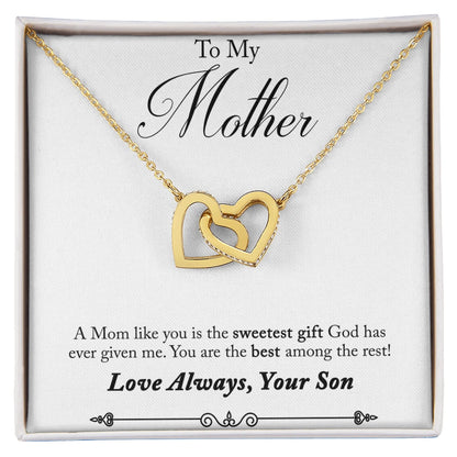 To My Mother Interlocking Hearts Necklace From Son 18K Yellow Gold Message Card