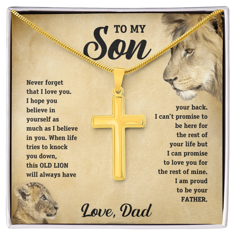 To My Son 18K Yellow Gold Artisan Cross Necklace with Snake Chain Message Card From Dad Be Your Father