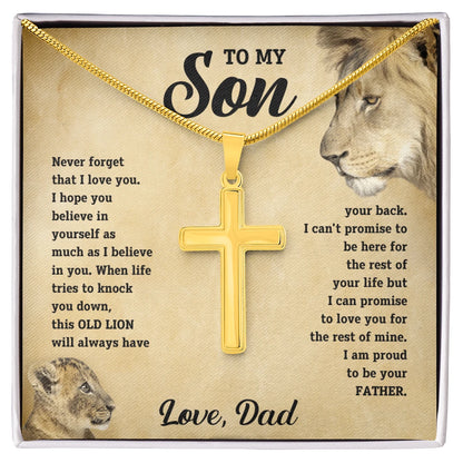 To My Son 18K Yellow Gold Artisan Cross Necklace with Snake Chain Message Card From Dad Be Your Father