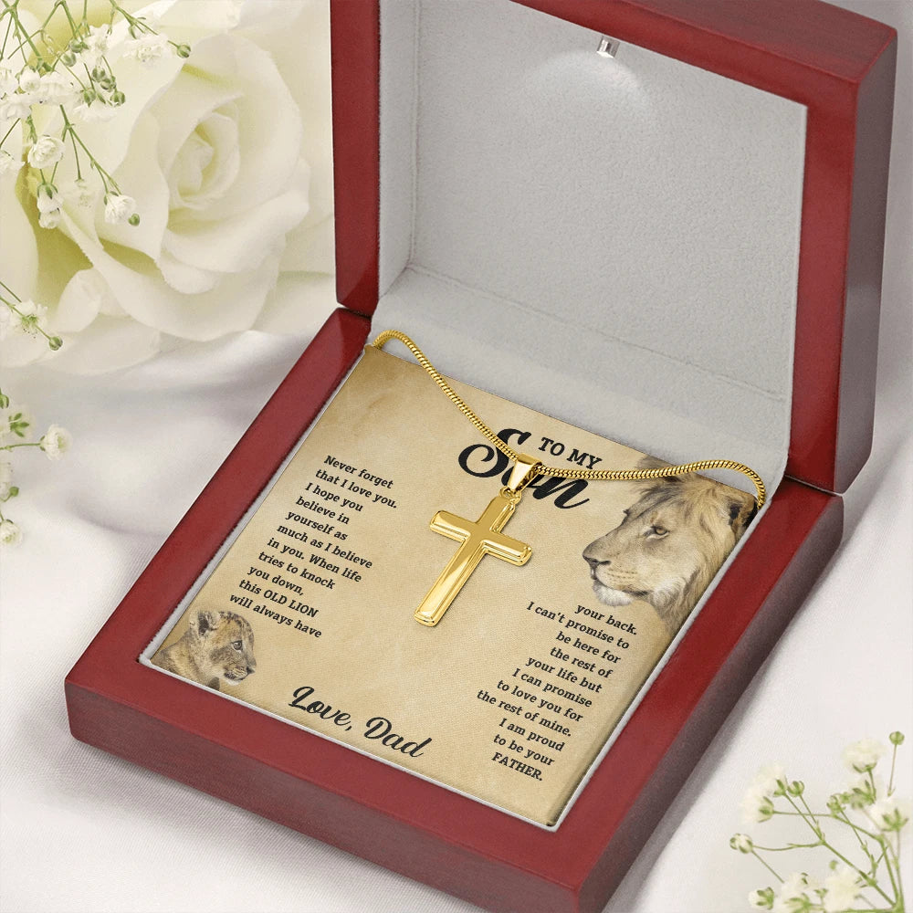 To My Son 18K Yellow Gold Artisan Cross Necklace with Snake Chain Message Card From Dad Be Your Father Luxury Box
