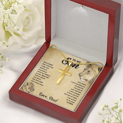 To My Son 18K Yellow Gold Artisan Cross Necklace with Snake Chain Message Card From Dad Be Your Father Luxury Box