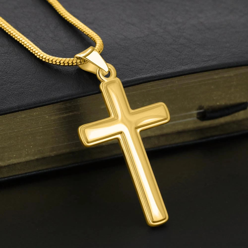 To My Son 18K Yellow Gold Artisan Cross Necklace with Snake Chain Message Card From Dad Be Your Father Showcase