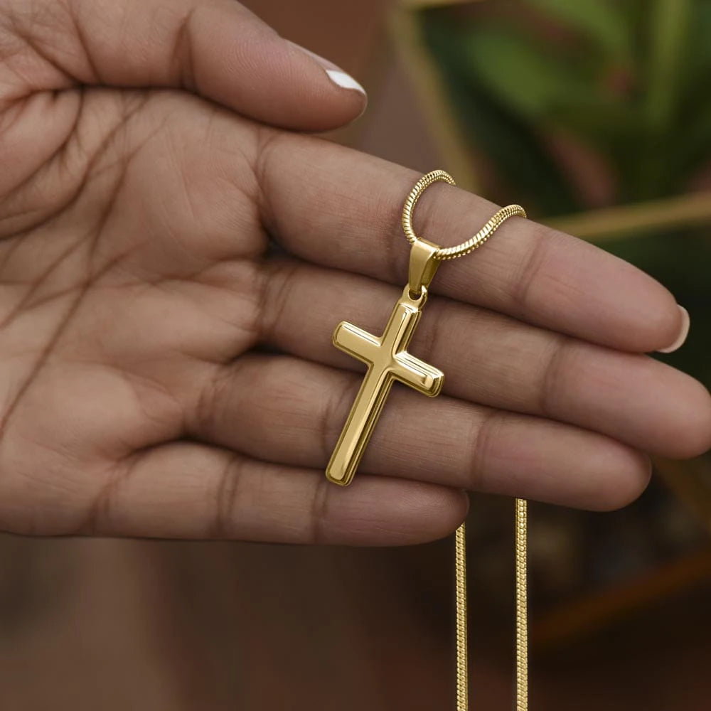 To My Son 18K Yellow Gold Artisan Cross Necklace with Snake Chain Message Card From Dad Be Your Father Showcase Hand