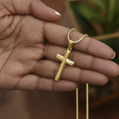 To My Son 18K Yellow Gold Artisan Cross Necklace with Snake Chain Message Card From Dad Be Your Father Showcase Hand