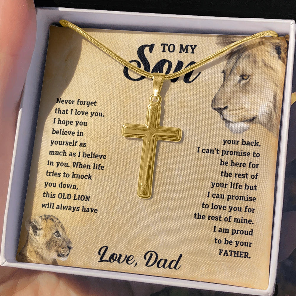 To My Son 18K Yellow Gold Artisan Cross Necklace with Snake Chain Message Card From Dad Be Your Father Standard Box