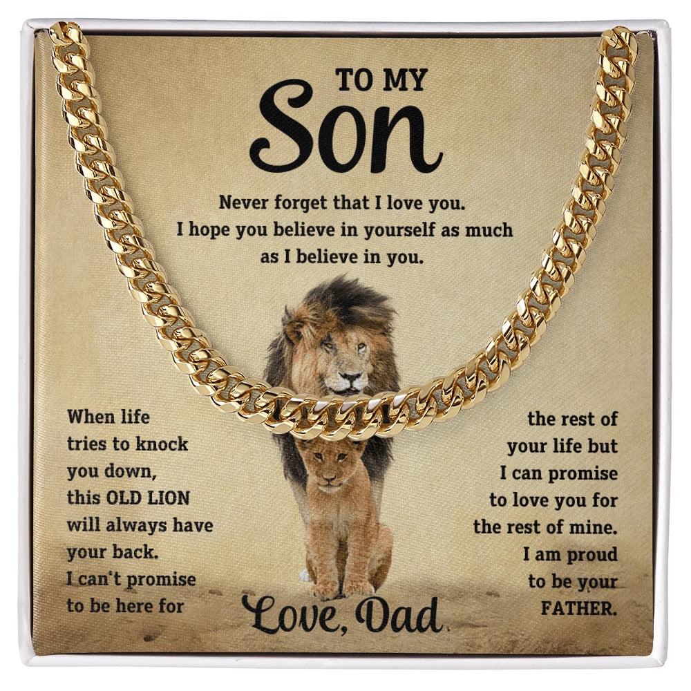 To My Son 18K Yellow Gold Cuban Link Chain From Dad Message Card