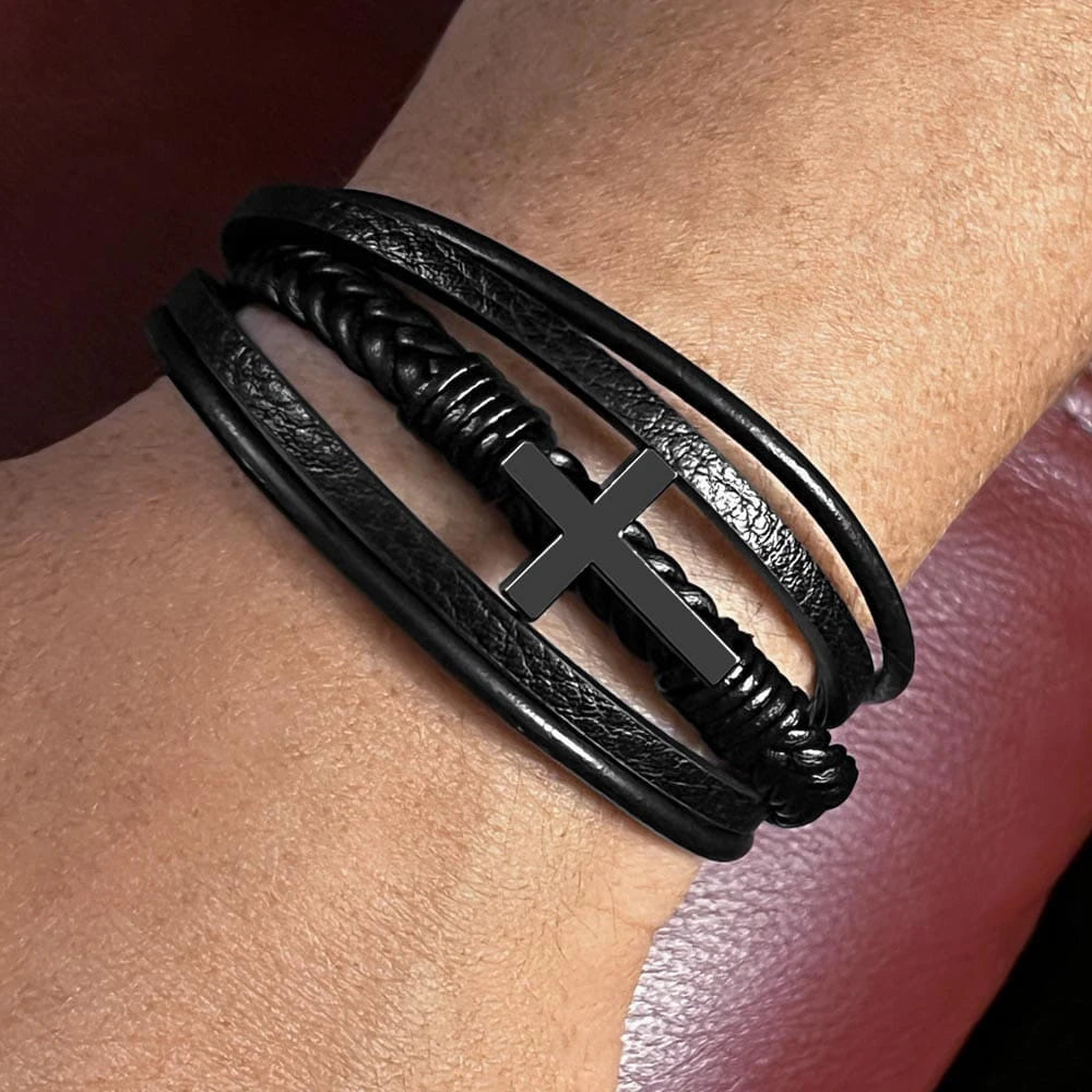 To My Son Cross Leather Bracelet From Parents All My Love Display On Wrist