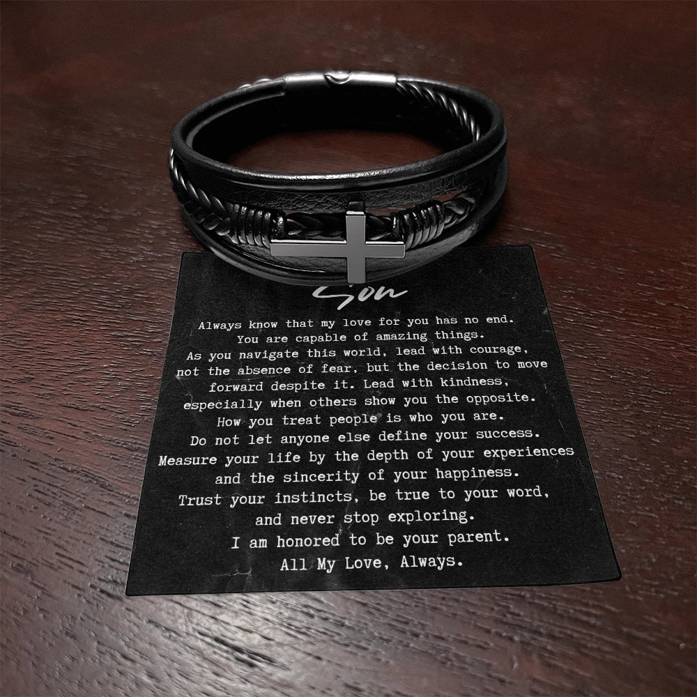 To My Son Cross Leather Bracelet From Parents All My Love Message Card Jewelry Display