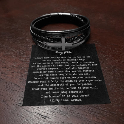 To My Son Cross Leather Bracelet From Parents All My Love Message Card Jewelry Display