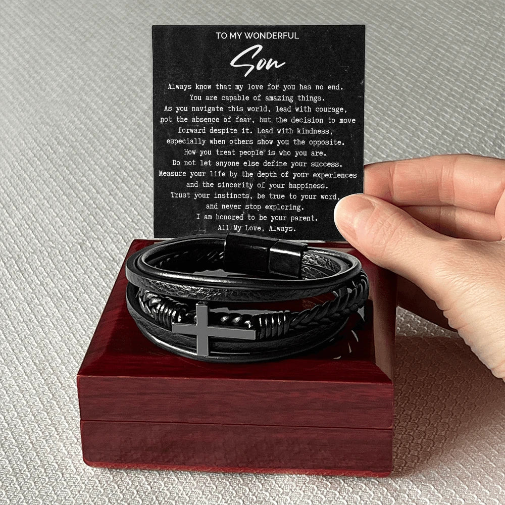 To My Son Cross Leather Bracelet From Parents All My Love Message Card Jewelry Luxury Box