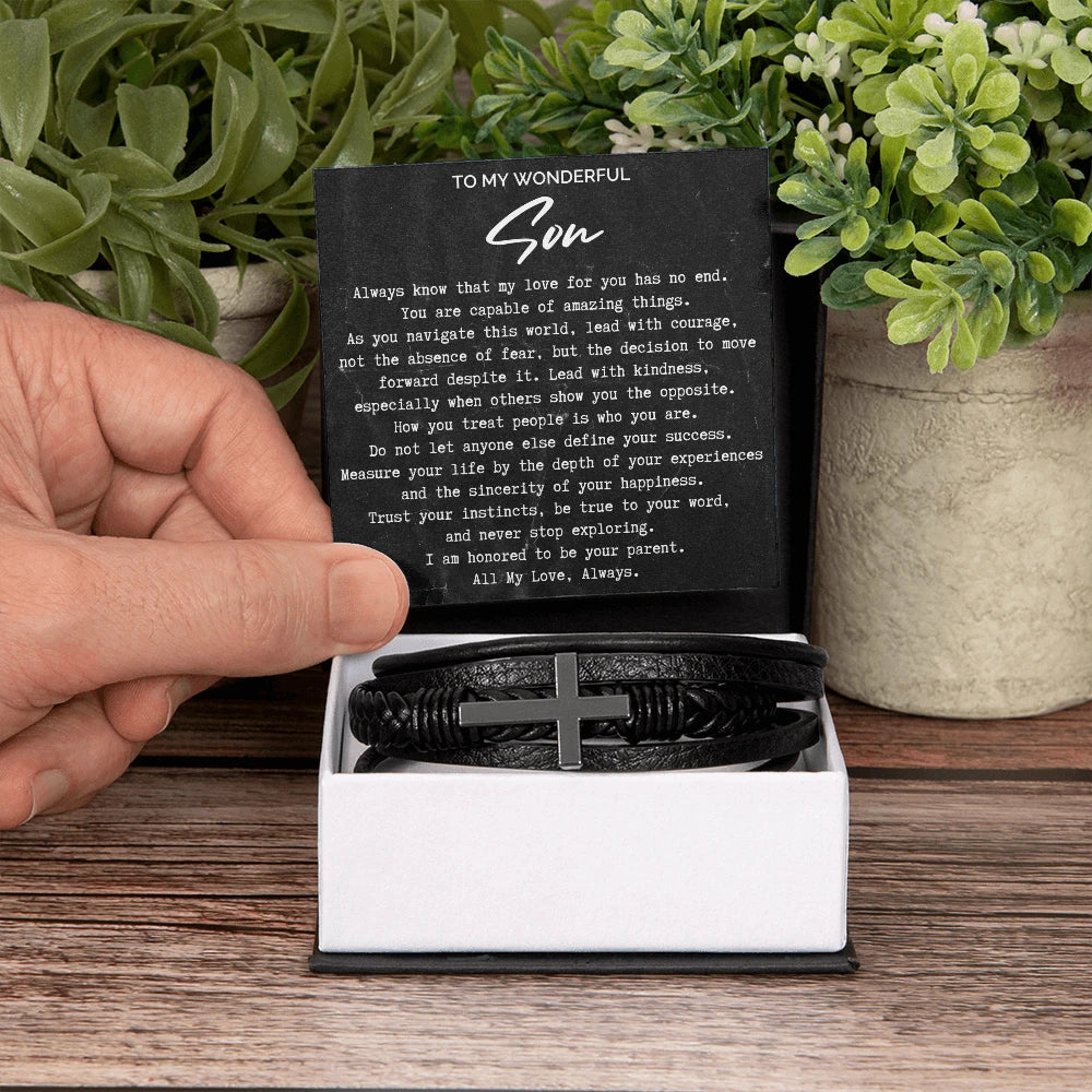 To My Son Cross Leather Bracelet From Parents All My Love Message Card Jewelry Standard Box