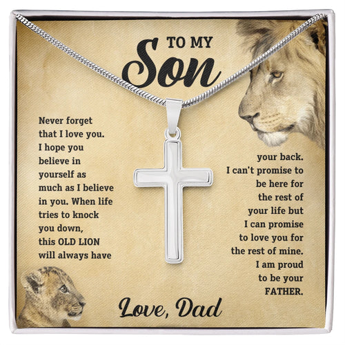 To My Son Polished Stainless Steel Artisan Cross Necklace with Snake Chain Message Card From Dad Be Your Father