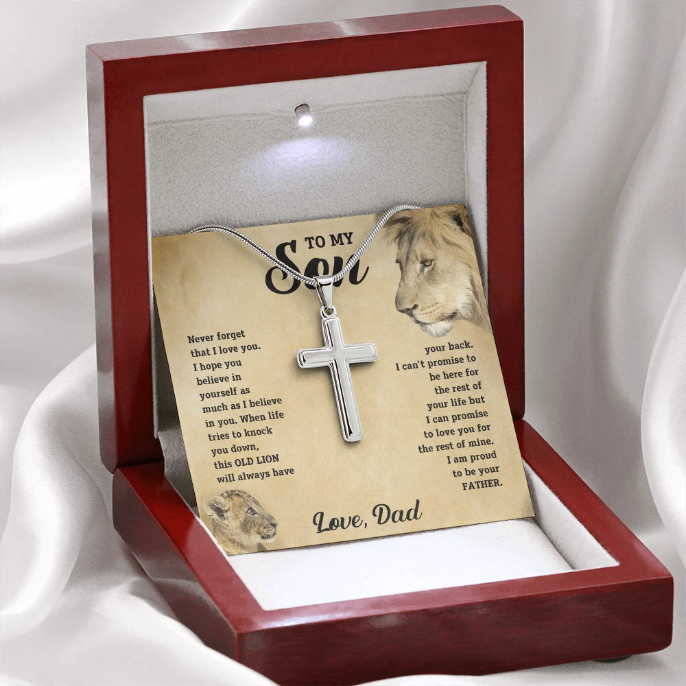 To My Son Polished Stainless Steel Artisan Cross Necklace with Snake Chain Message Card From Dad Be Your Father Luxury Box