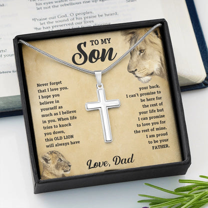 To My Son Polished Stainless Steel Artisan Cross Necklace with Snake Chain Message Card From Dad Be Your Father Standard Box
