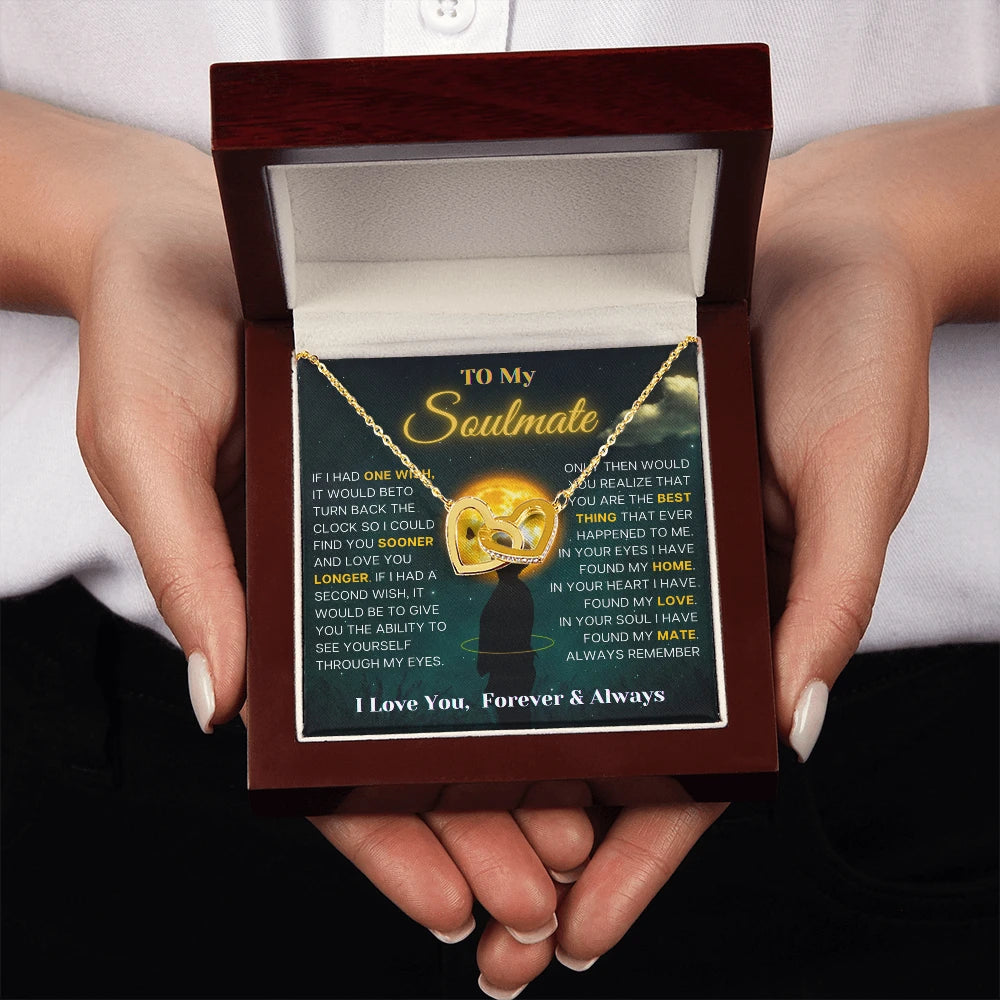To My Soulmate 18K Yellow Gold Interlocking Hearts Necklace From Soulmate Always and Forever Message Card Luxury Box