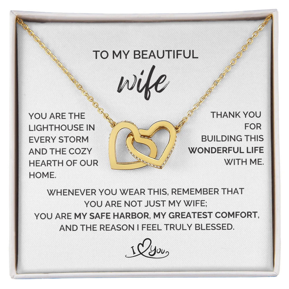 To My Wife 18K Yellow Gold Interlocking Hearts Necklace From Husband The Reason Message Card Jewelry